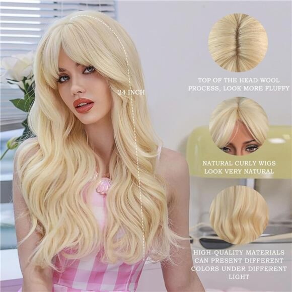 WIGS Long Wavy Blonde Wig 24in Natural Heat Resistant Fiber Synthetic